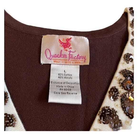 Quacker Factory Embellished Top Womens Large Brown Tunic V Neck Beaded Tassel - Picture 3 of 6